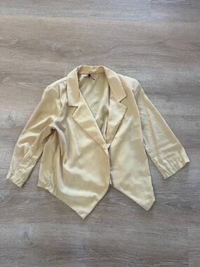 Yellow Cream Draped Open-Front Women's Blazer with Shoulder Pads
